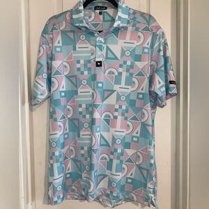 Bad Birdie Men's Polo Shirt - Geometric Blue and Pink